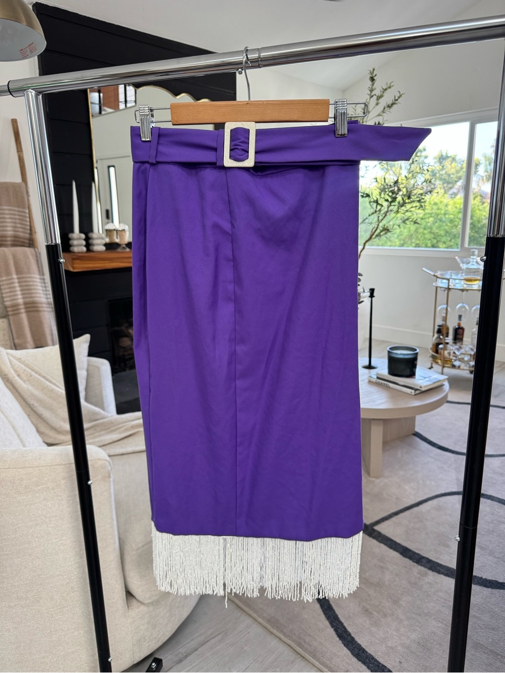 Uterqüe Violet Pencil Skirt with Fringe Hem and Belt
